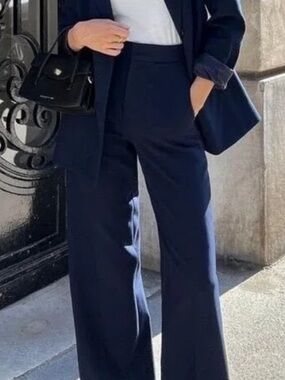 Zara Navy High Waisted Wide-Leg Trouser Pants